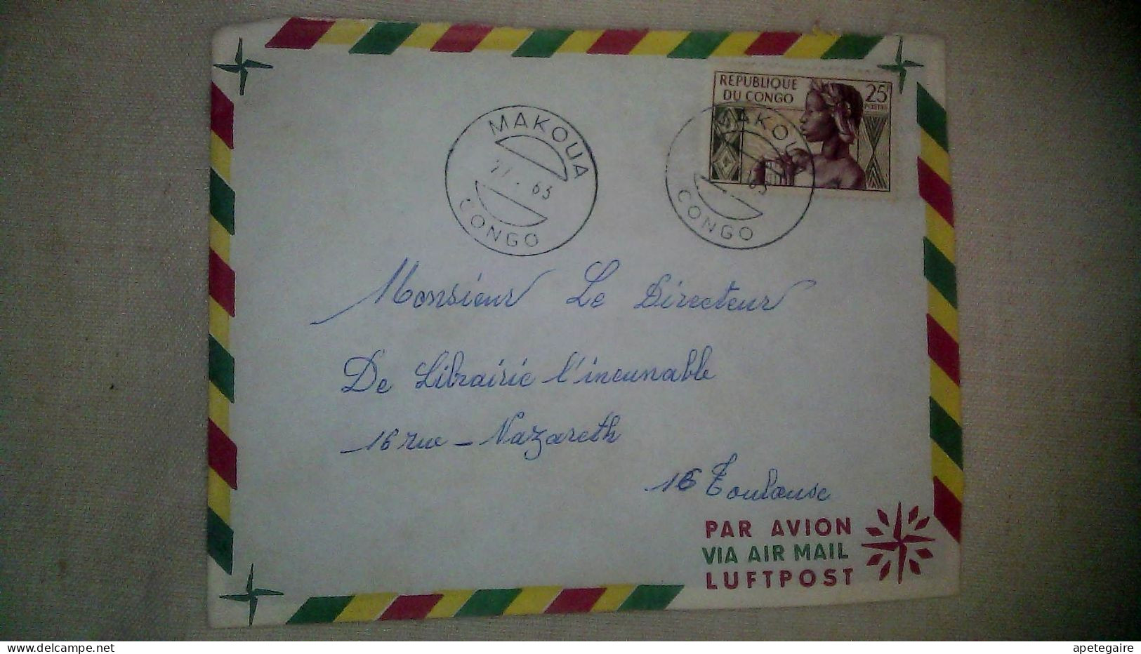 Timbre Congo-Brazzaville  Poste Aérienne Enveloppe  Ayant Voyagée Makoua (Congo) / Toulouse  1963 - Used