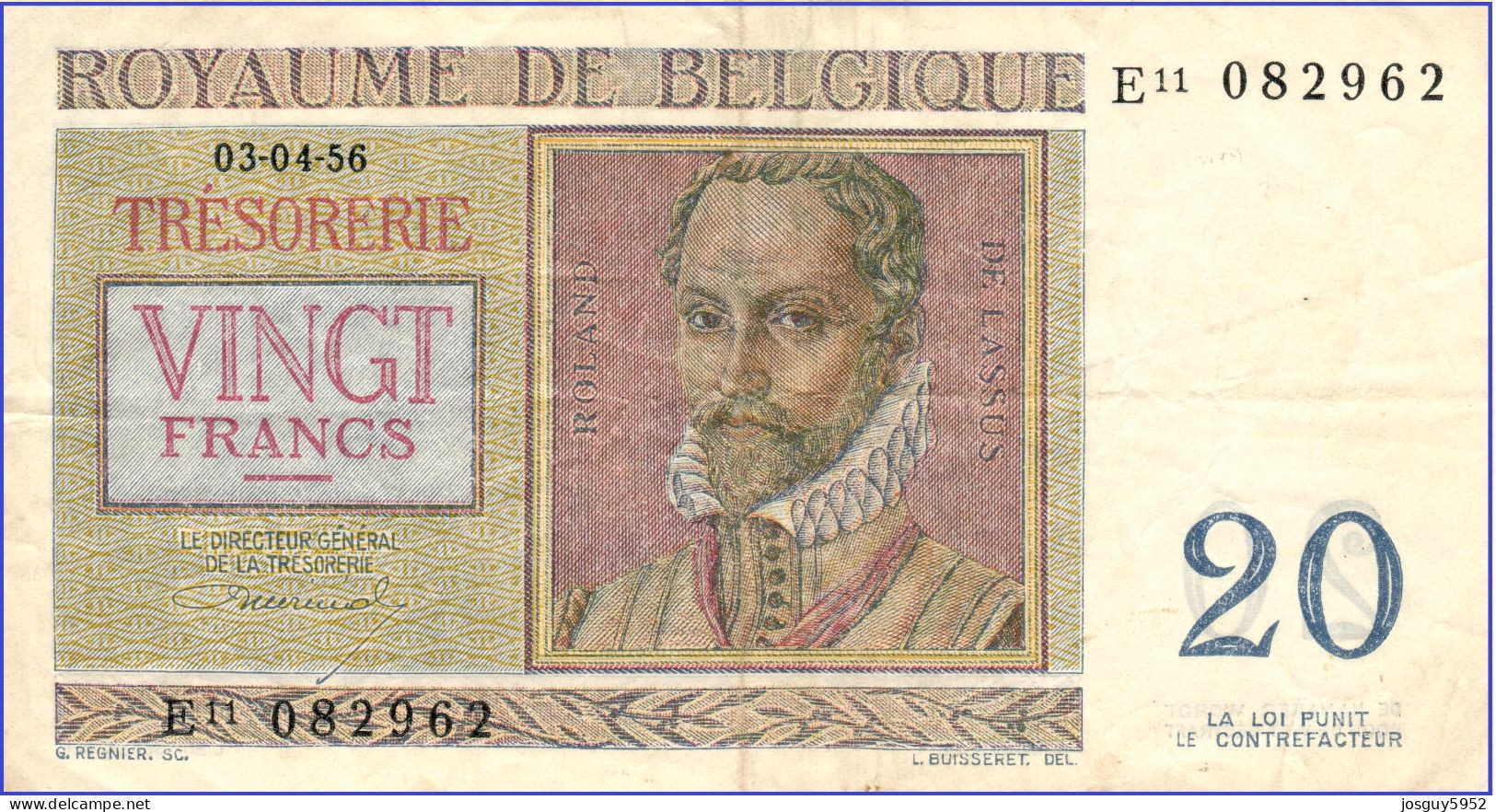 BELGIE - 20 FRANK - 03-04-1956 - Nr E11 082962 - ROLAND DE LASSUS & PHILIPPUS DE MONTE - Sonstige & Ohne Zuordnung