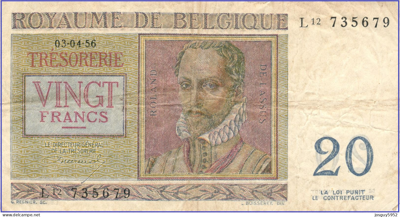 BELGIE - 20 FRANK - 03-04-1956 - Nr L12 735679 - ROLAND DE LASSUS & PHILIPPUS DE MONTE - Autres & Non Classés