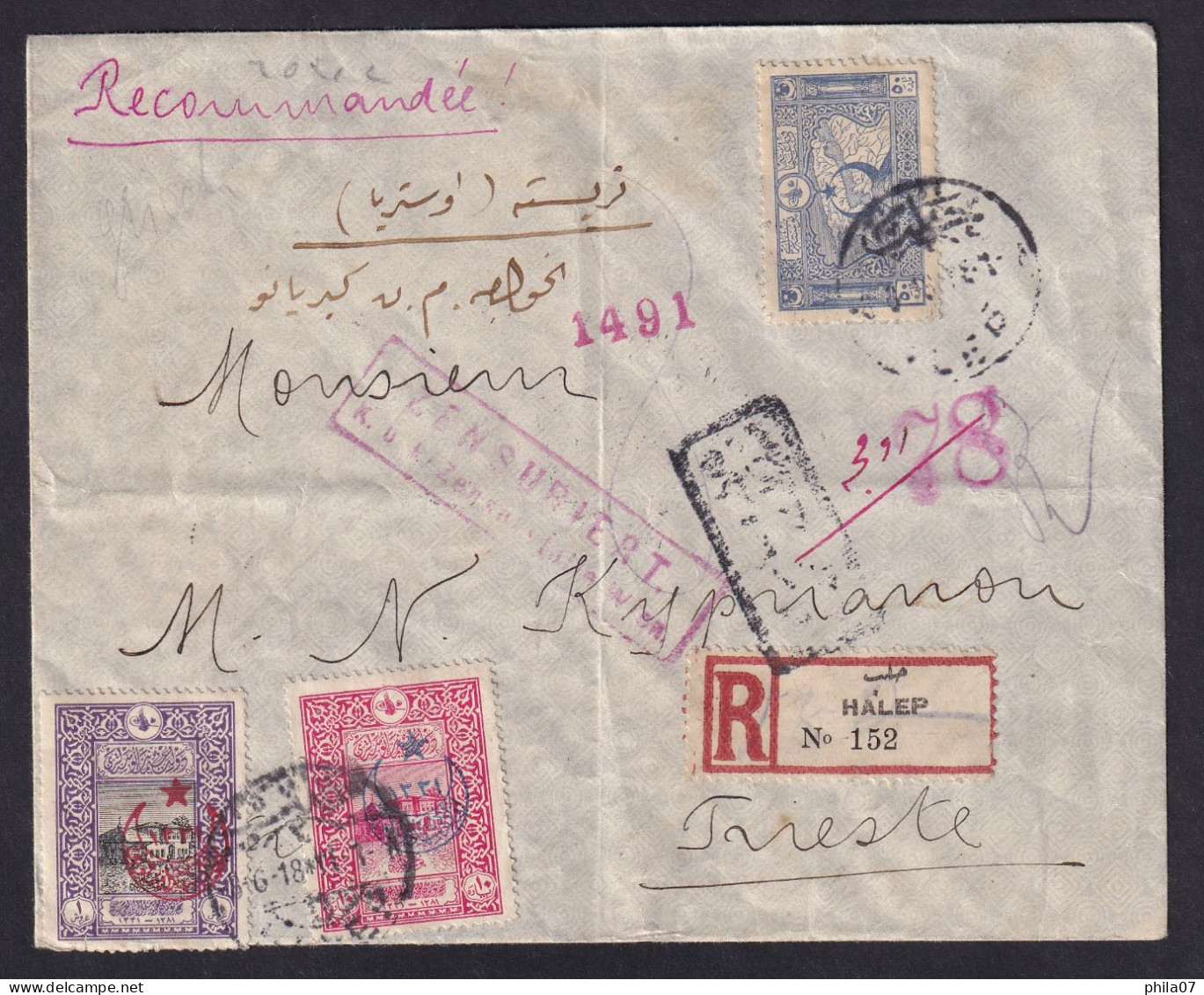 TURKEY - Letter Sent By Registered Mail From Halep To Trieste. On Reverse Transit Cancel And Marking Of Cens... / 2 Scan - Otros & Sin Clasificación