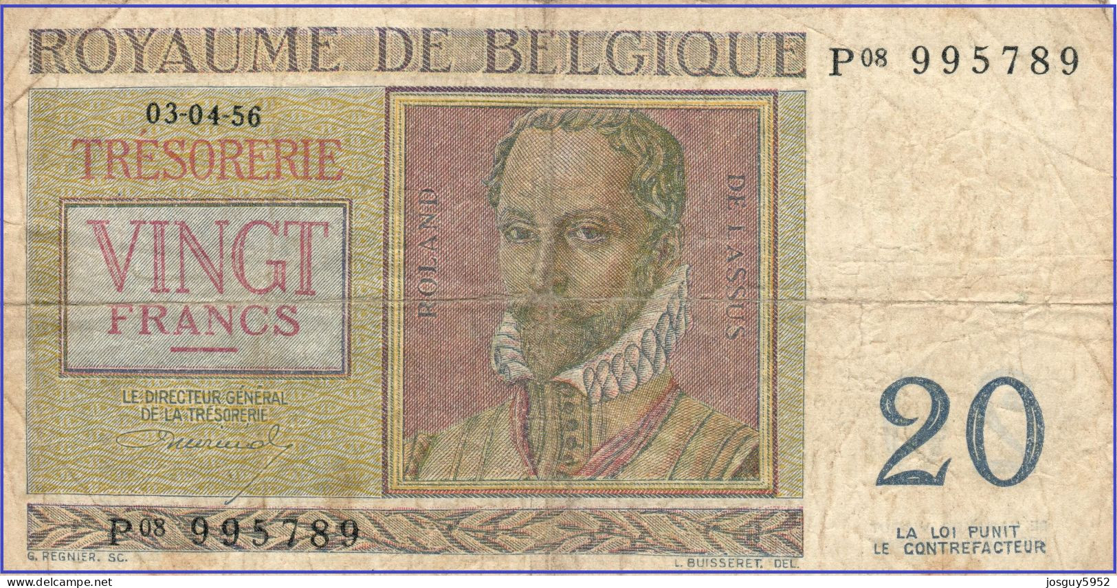 BELGIE - 20 FRANK - 03-04-1956 - Nr P08 995789 - ROLAND DE LASSUS & PHILIPPUS DE MONTE - Altri & Non Classificati