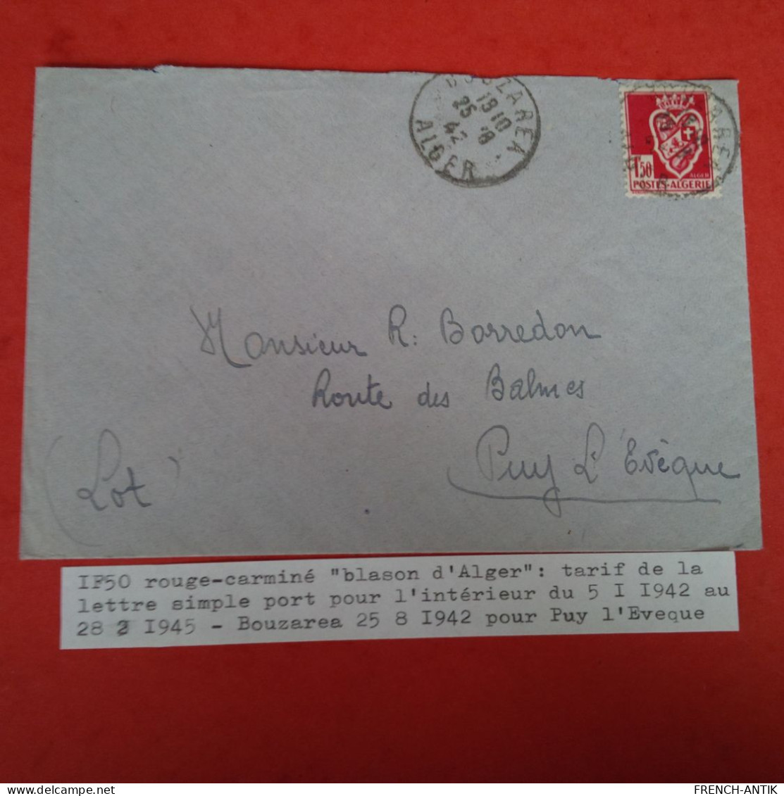 LETTRE ALGERIE BOUZAREA BLASON D ALGER POUR PUY L EVEQUE 1942 - Covers & Documents