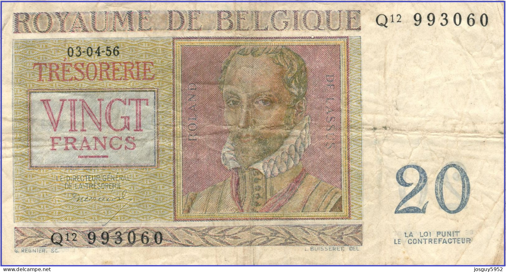 BELGIE - 20 FRANK - 03-04-1956 - Nr Q12 993060 - ROLAND DE LASSUS & PHILIPPUS DE MONTE - Andere & Zonder Classificatie