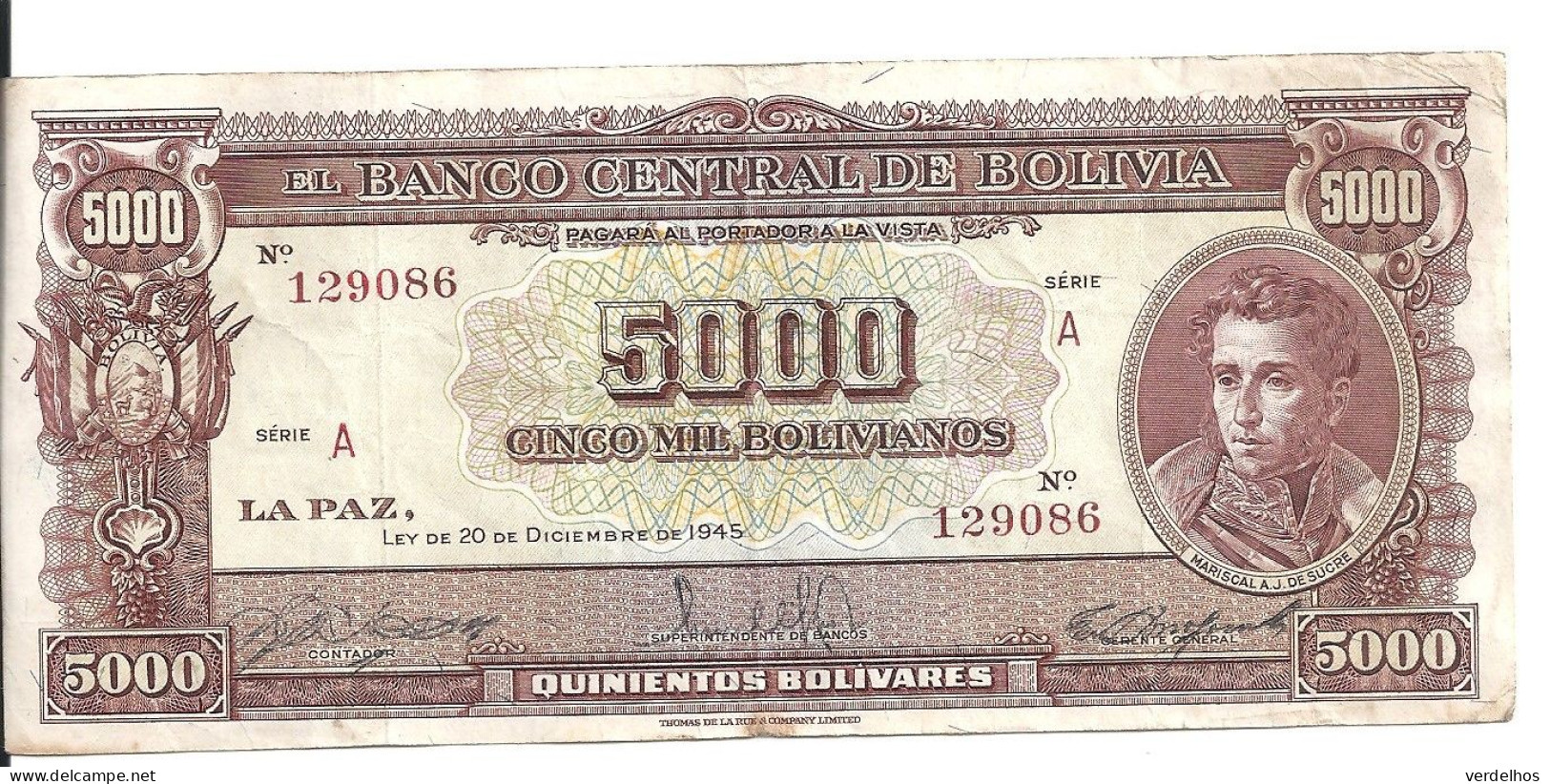 BOLIVIE 5000 BOLIVIANOS L.1945 VF+ P 145 - Bolivia