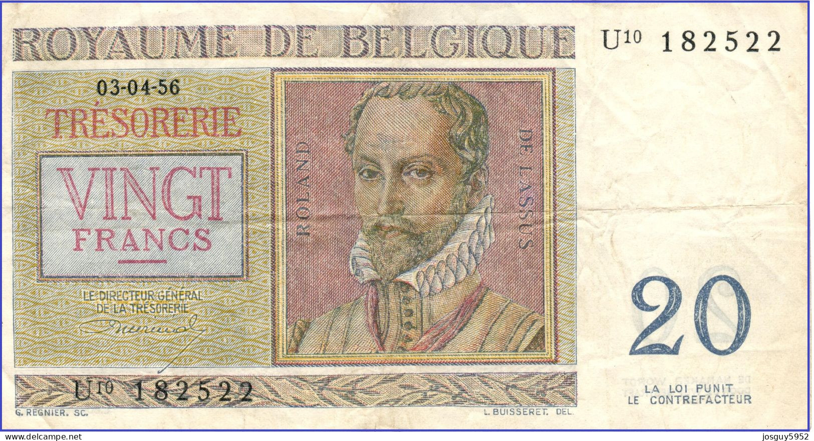 BELGIE - 20 FRANK - 03-04-1956 - Nr U10 182522 - ROLAND DE LASSUS & PHILIPPUS DE MONTE - Other & Unclassified