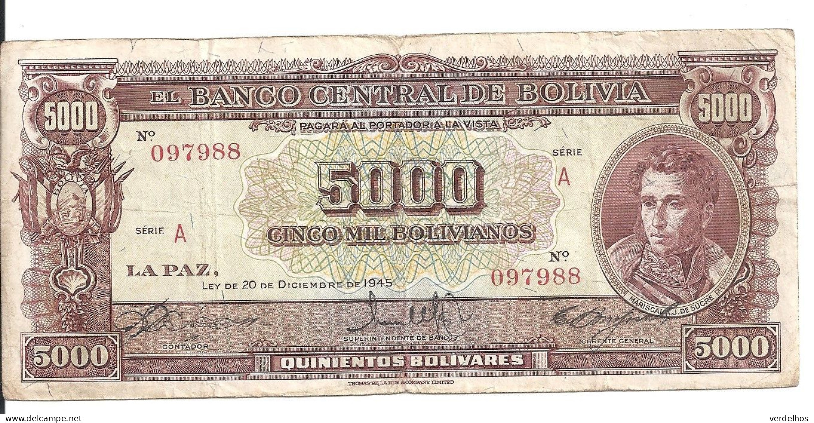 BOLIVIE 5000 BOLIVIANOS L.1945 VF+ P 145 - Bolivie