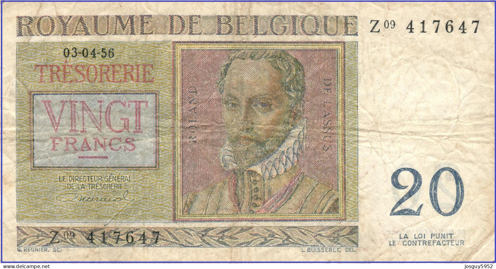 BELGIE - 20 FRANK - 03-04-1956 - Nr Z09 417647 - ROLAND DE LASSUS & PHILIPPUS DE MONTE - Otros & Sin Clasificación