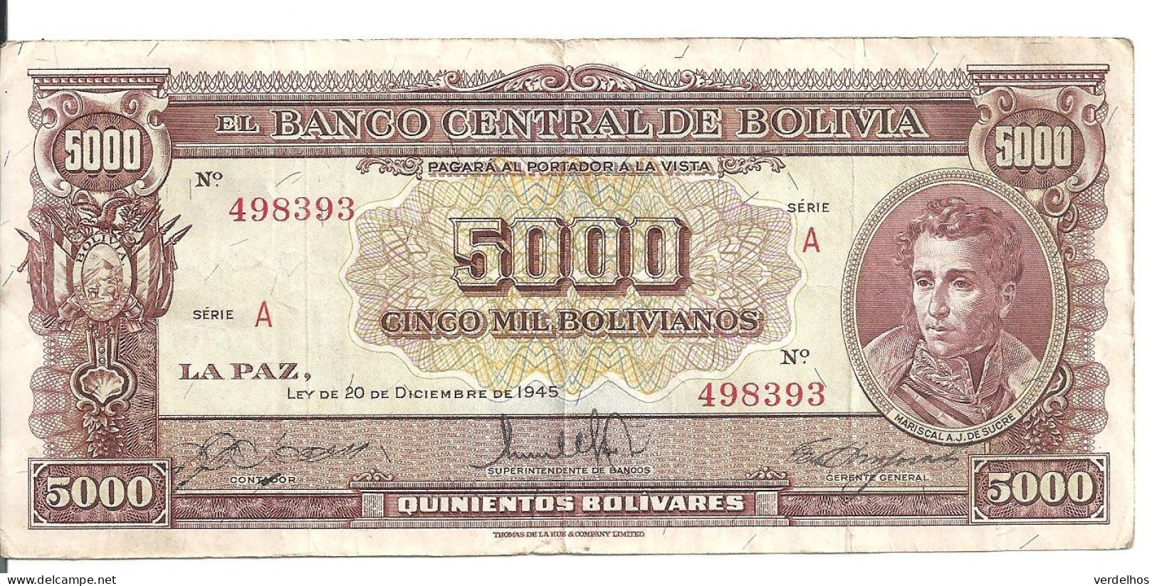 BOLIVIE 5000 BOLIVIANOS L.1945 VF P 145 - Bolivien