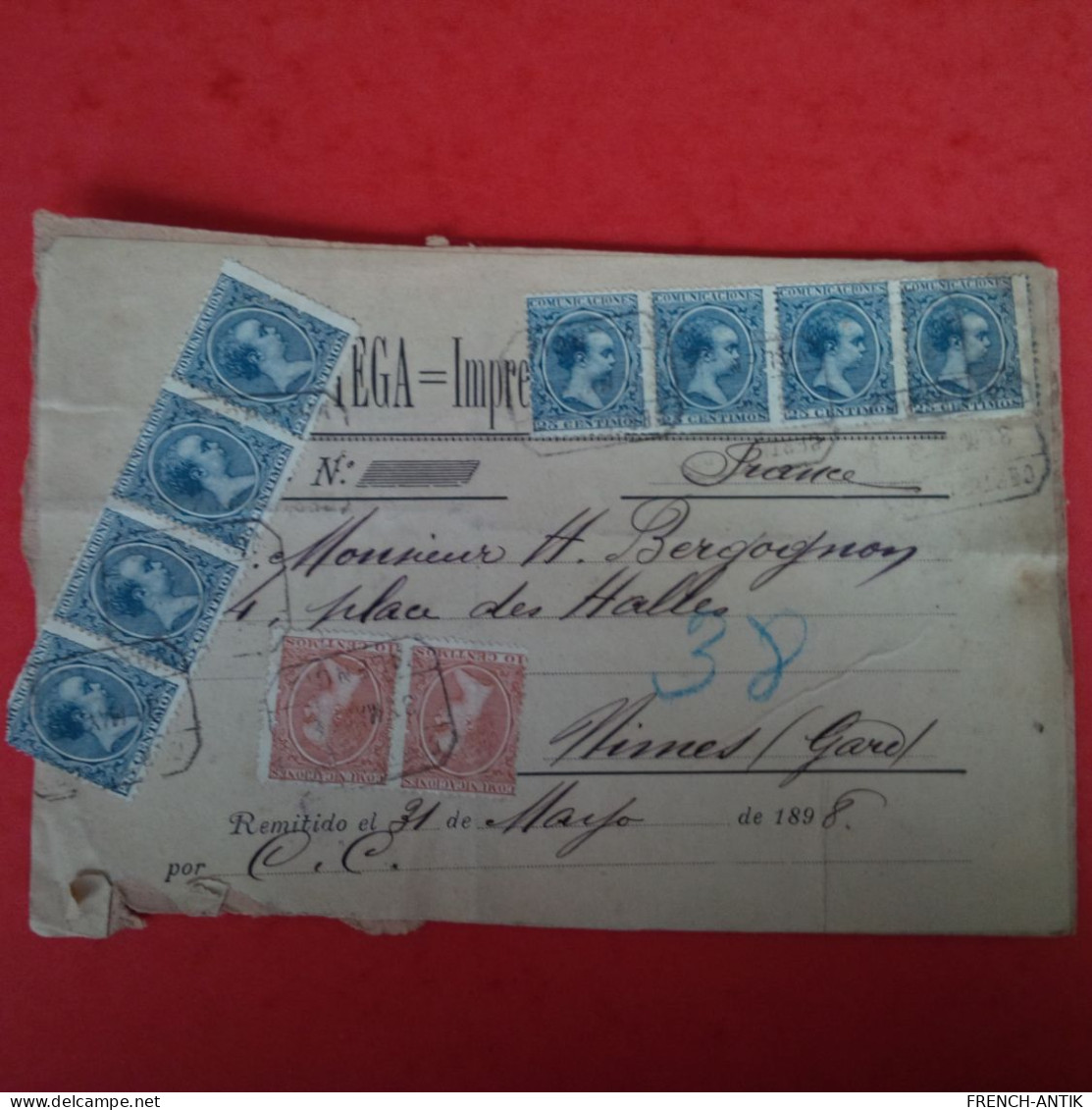 LETTRE DEVANT ITALIE POUR NIMES TIMBRE 2 BANDE DE QUATRE 25C 1898 - Poststempel