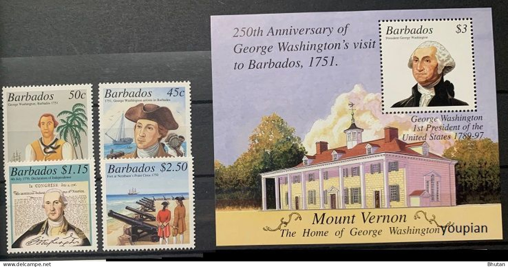Barbados 2001, 250th Anniversary Of G. Washington's Visit To Barbados, MNH S/S And Stamps Set - Barbados (1966-...)