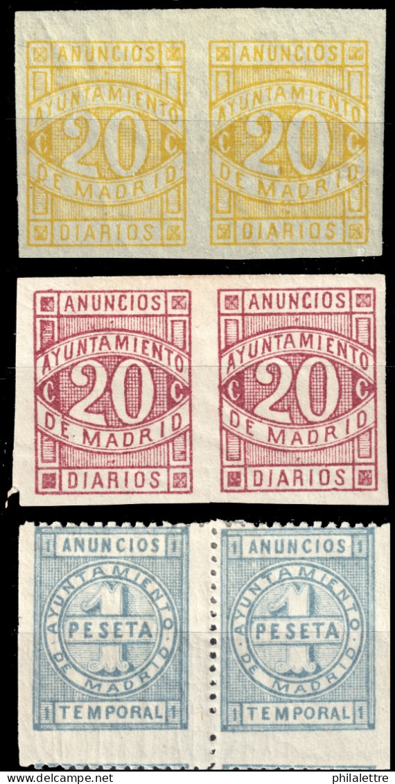 ESPAGNE / ESPANA / SPAIN - MADRID - Parejas 20c Amarillo Y 20c Rojo Carmín "ANUNCIOS DIARIOS" , 1Pta "ANUNCIOS TEMPORAL" - Revenue Stamps