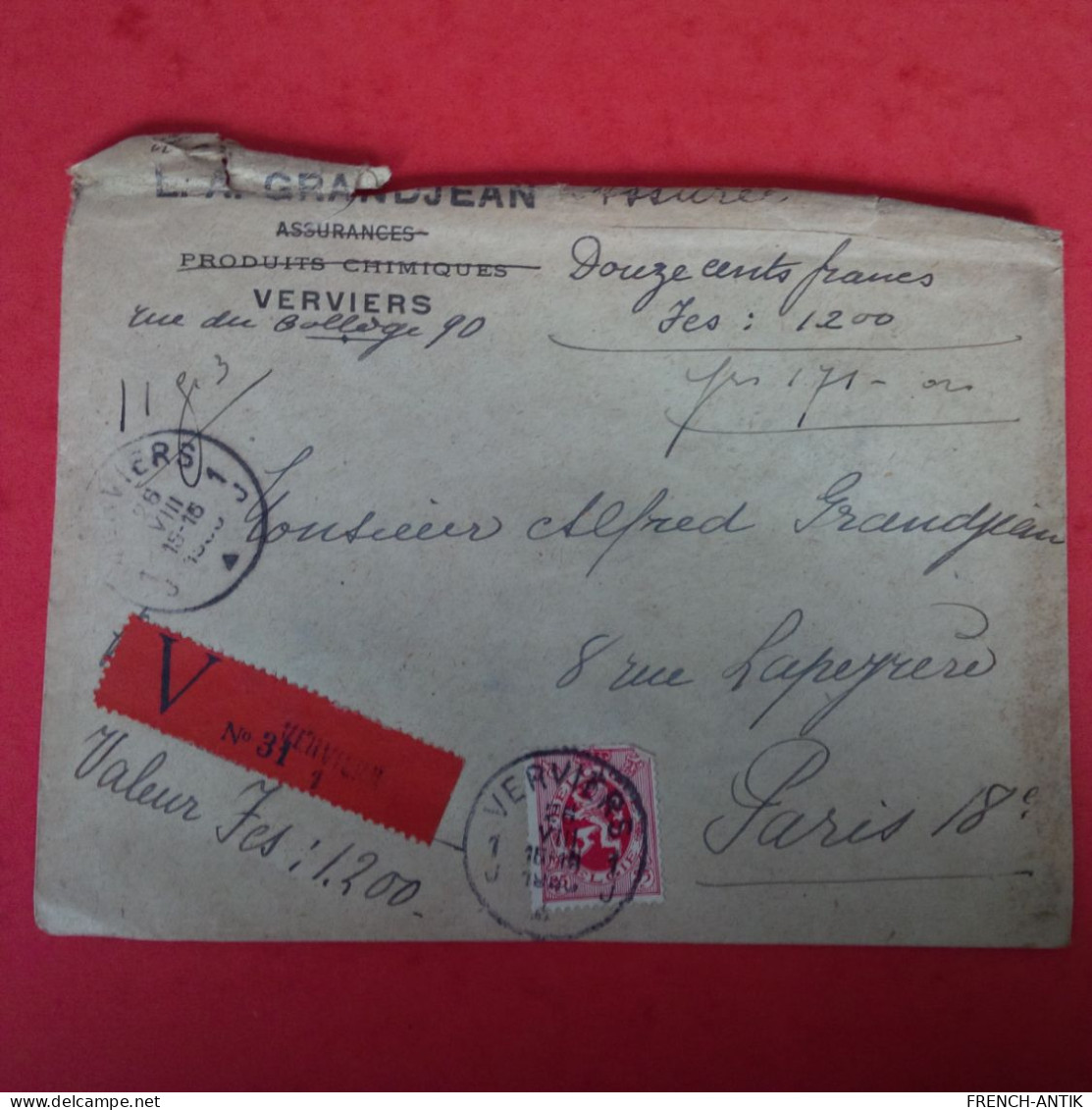 LETTRE BELGIQUE VERVIER POUR PARIS VALEUR DECLARER - Storia Postale