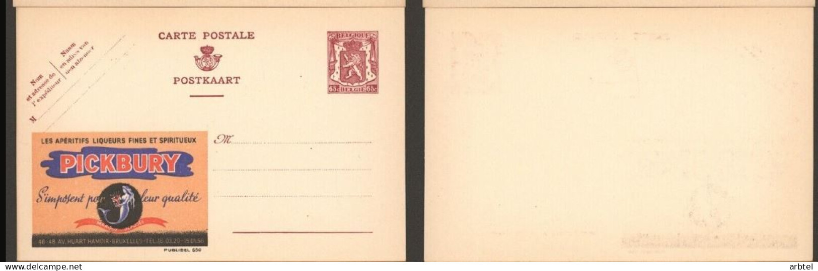 BELGICA ENTERO POSTAL PUBLIBEL 650 PICKBURY LICORES - Altri & Non Classificati