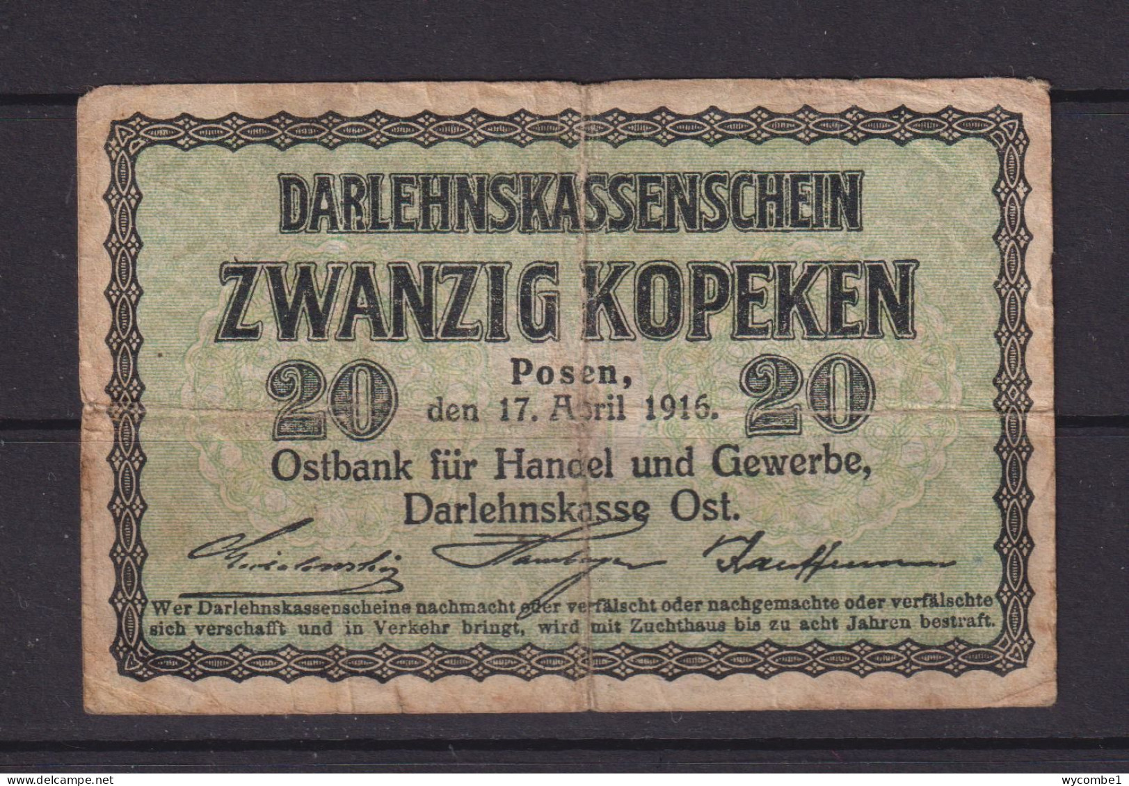 LITHUANIA (GERMAN OCCUPATION) -  1916 20 Kopeken Circulated Banknote - Lituanie