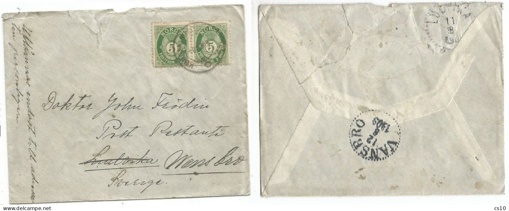 Norway Norge Cover Kongsberg 10aug1909 To Sweden Lulvika Forwarded Wannsro 12aug1909 With O.5 Pair - Brieven En Documenten