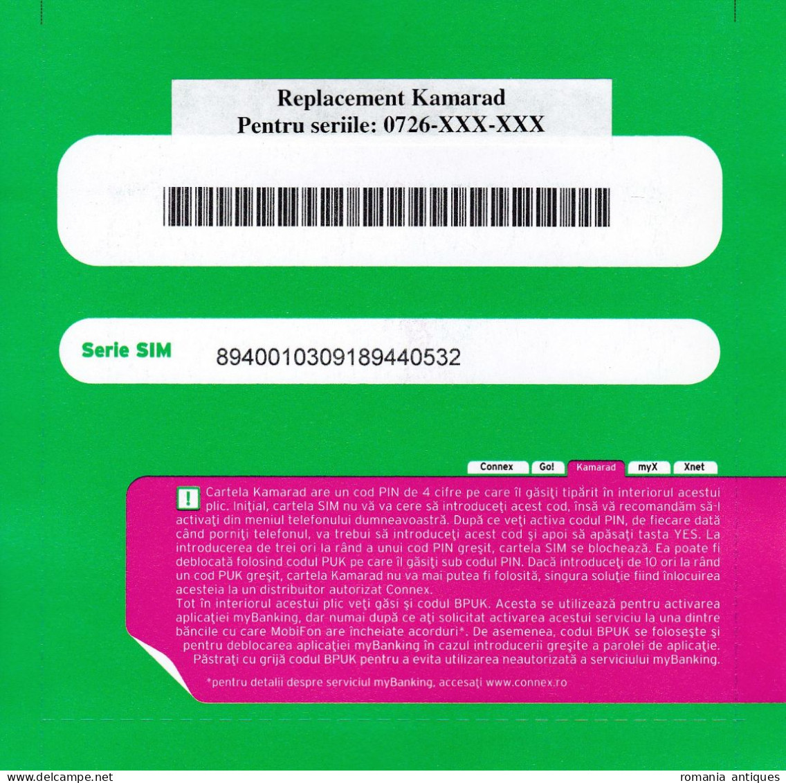 Romania, Connex Phonecard - GSM Sim Card, "Smart KAMARAD", 0726-XXX-XXX - MINT / SEALED / UNUSED (Original Envelope) - Roumanie