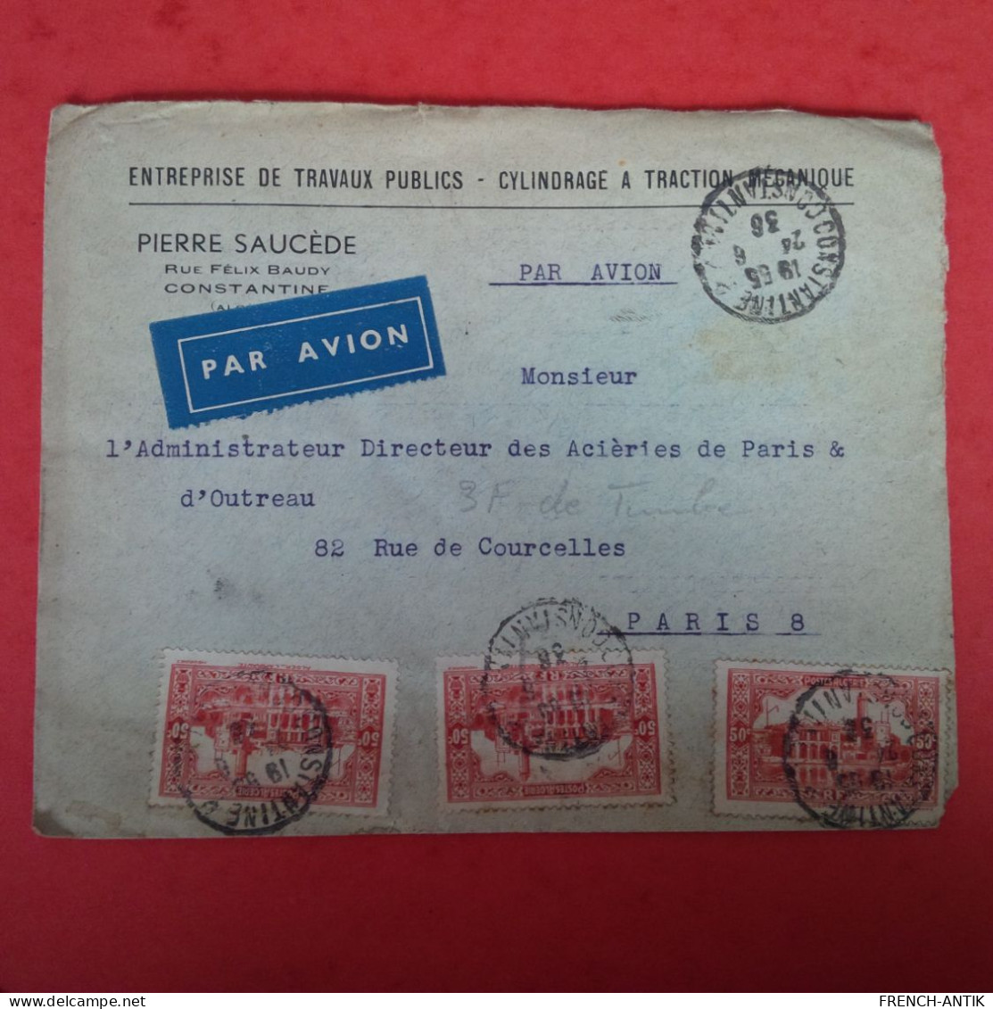 LETTRE CONSTANTINE POUR PARIS PAR AVION - Brieven En Documenten