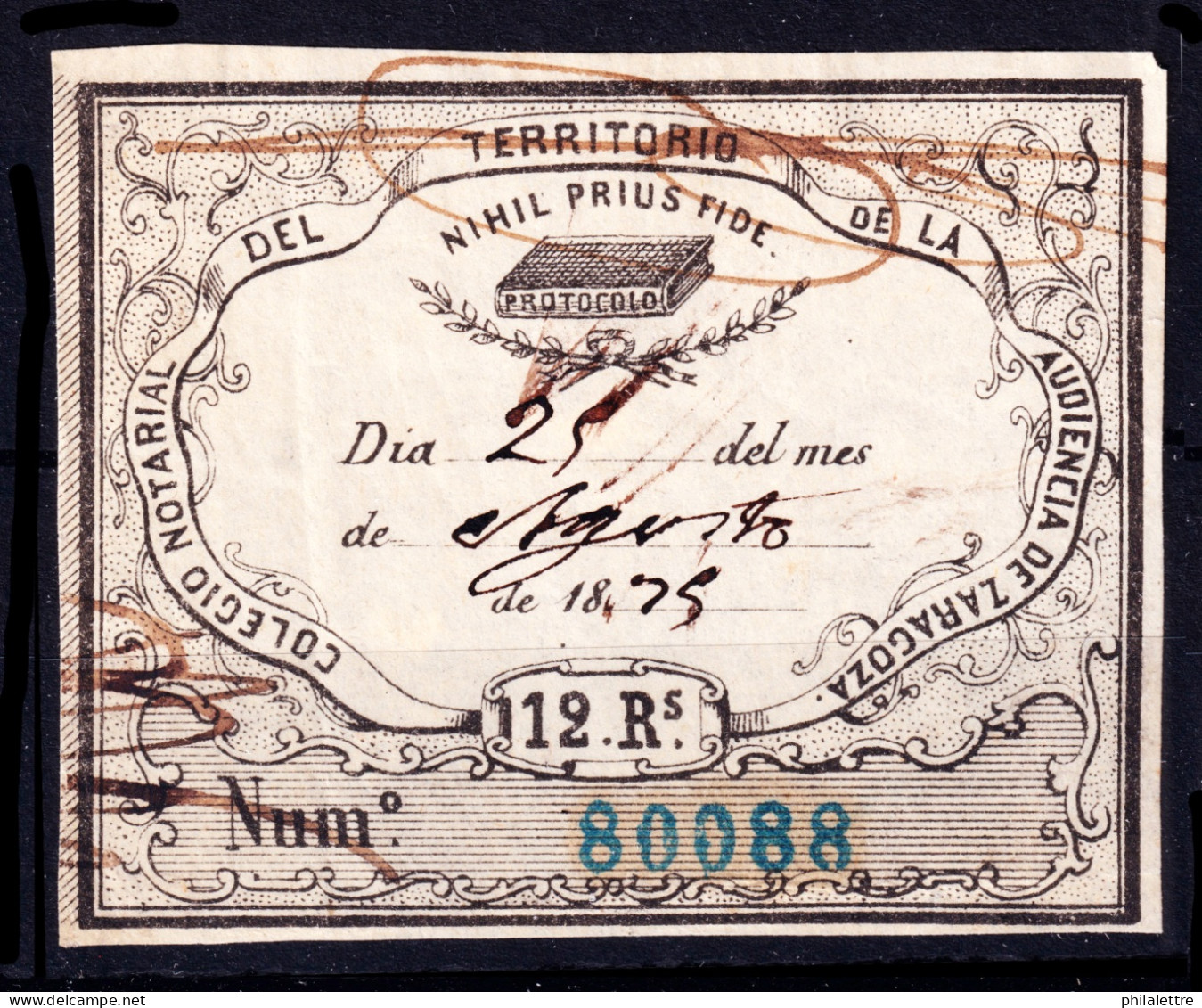 ESPAGNE / ESPANA / SPAIN - 1875 COLEGIO NOTARIAL ZARAGOZA - Sello Fiscal 12Rs Negro - Usado - Fiscaux