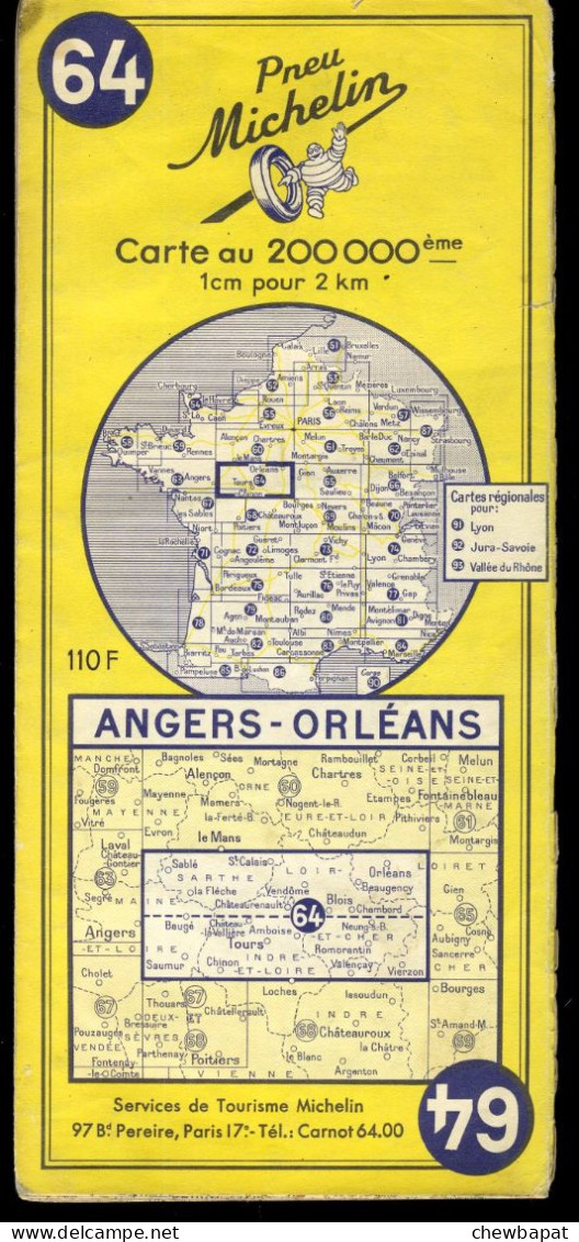 Carte Routière N° 64 Du Pneu Michelin - Angers - Orléans - 11 X 25 Cm  - 1958 - Cartes Routières