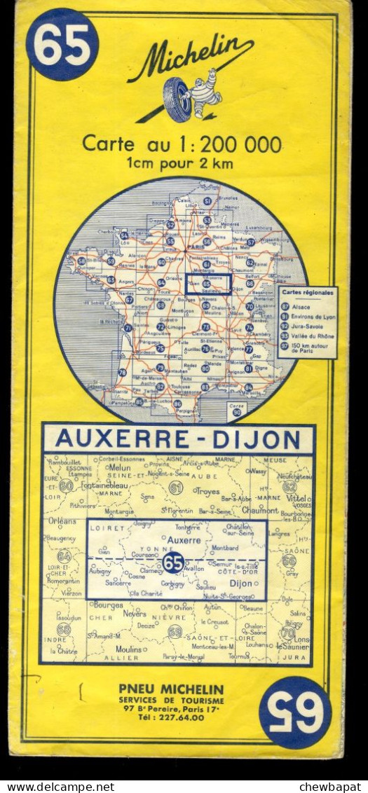 Carte Routière N° 65 Du Pneu Michelin - Auxerre - Dijon - 11 X 25 Cm  - 1970 - Cartes Routières