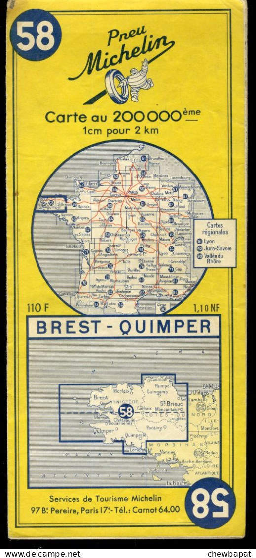 Carte Routière N° 58 Du Pneu Michelin - Brest - Quimper - 11 X 25 Cm  - 1959 - Cartes Routières