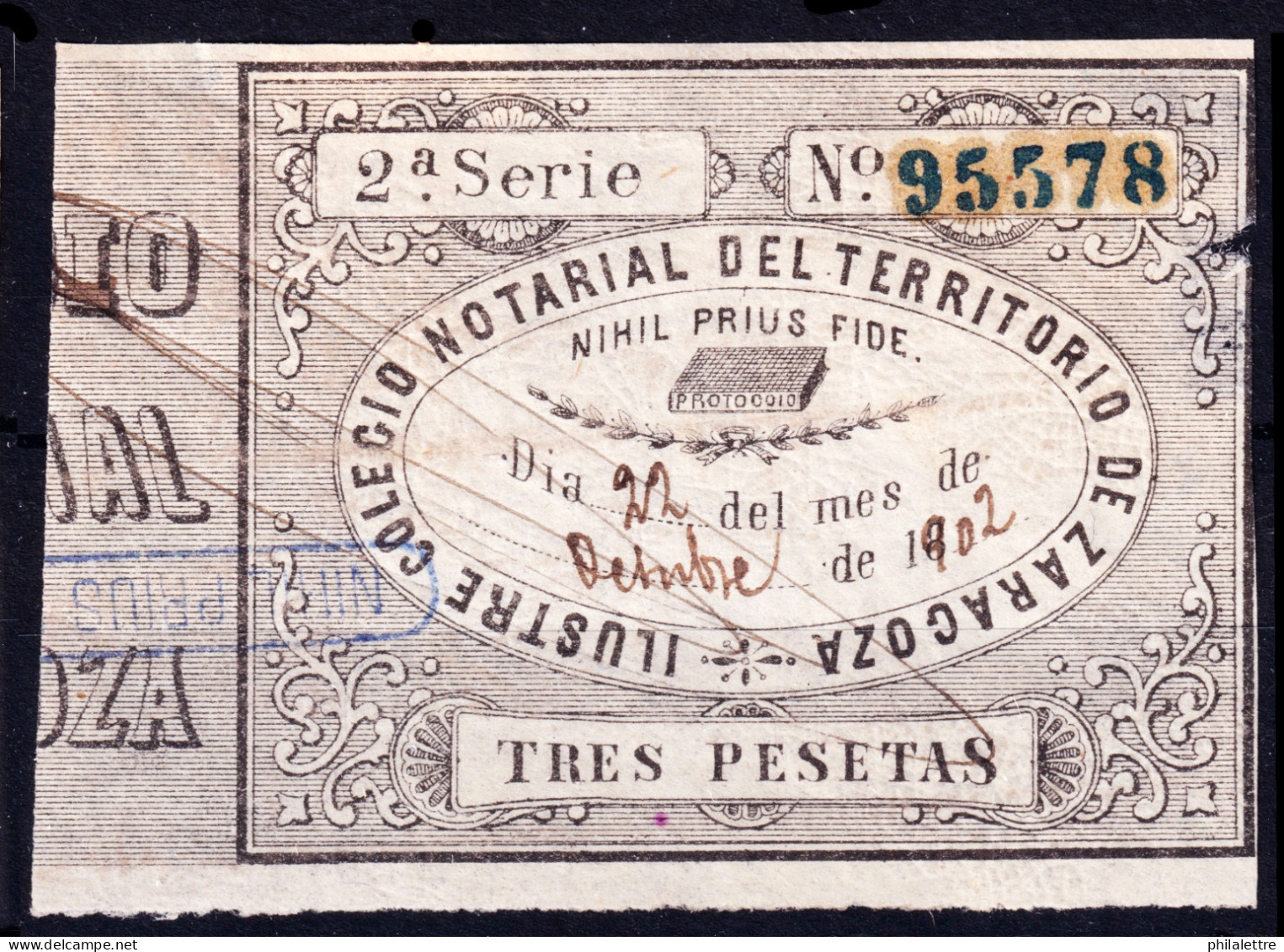 ESPAGNE / ESPANA / SPAIN - 1902 COLEGIO NOTARIAL ZARAGOZA Sello Fiscal 3 Pesetas Negro - Usado (ligeramente Adelgazado) - Fiscales