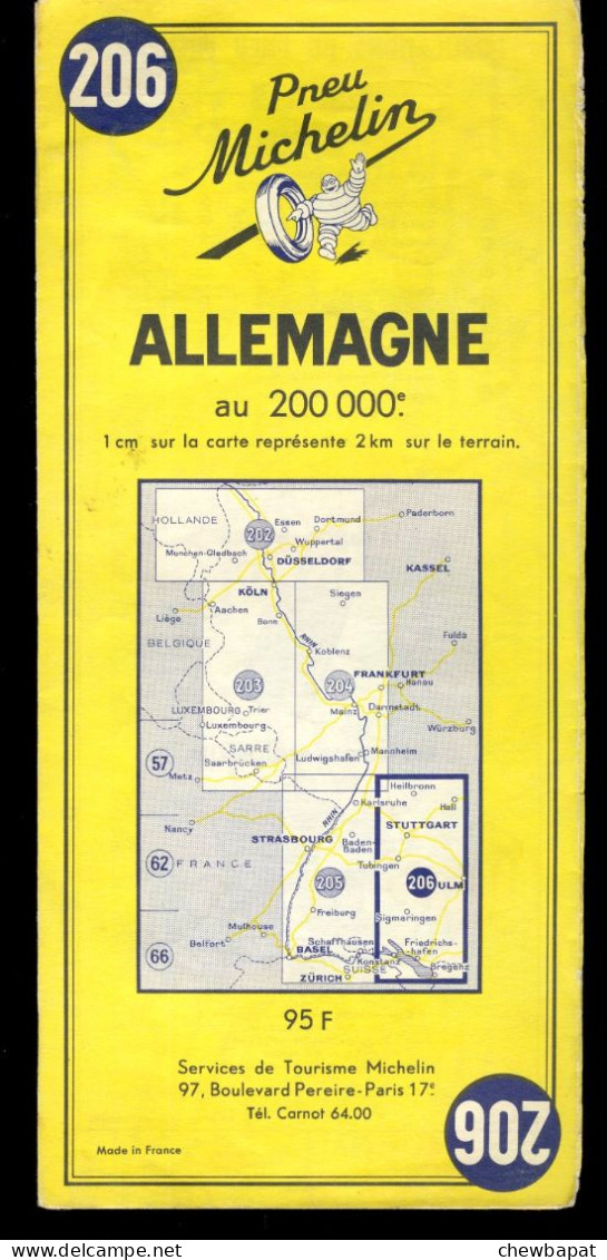 Carte Routière N° 206 Du Pneu Michelin - Allemagne - 11 X 25 Cm  - 1956 - Cartes Routières