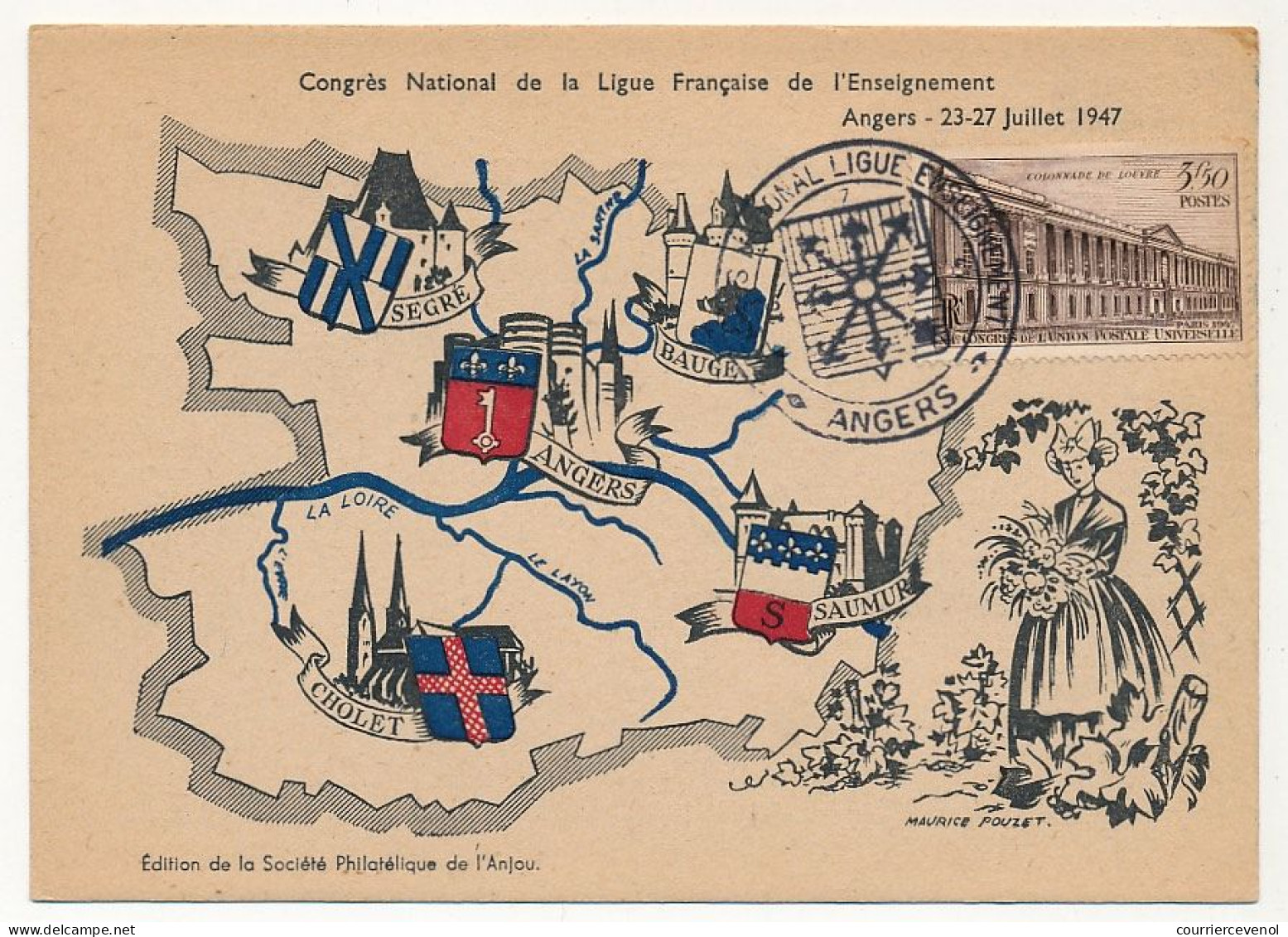 FRANCE - Carte Congrès National Ligue De L'Enseignement Angers 23/27 Juillet 1947 - Obl. Temporaire - Vignette Au Dos - Cachets Commémoratifs