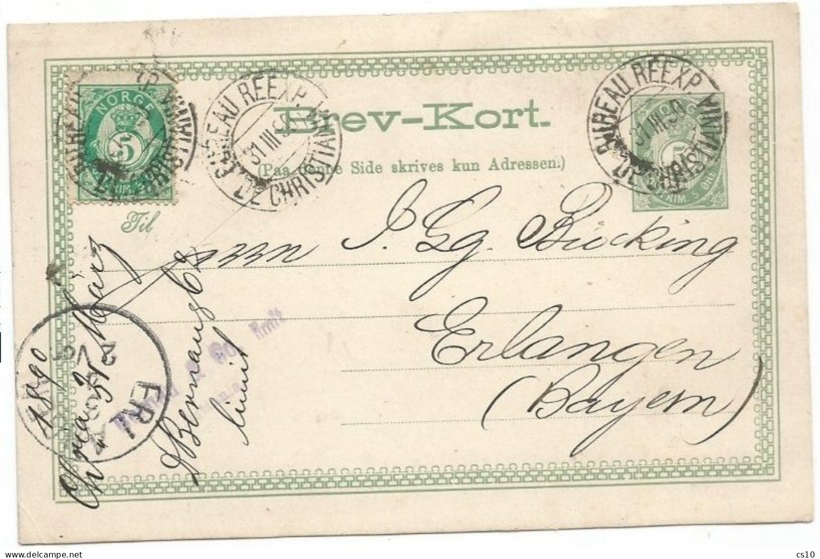 Norway Norge PSC Posthorn 5o. + Twin Value 5o. Christiania 31mar1890 To Erlangen Bayern Germany - Postal Stationery