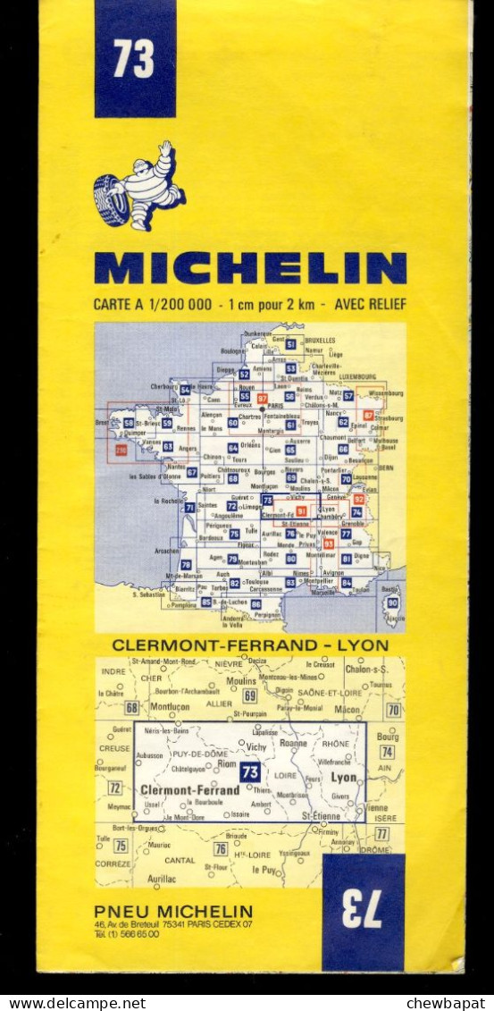 Carte Routière N° 73 Du Pneu Michelin -Clermont-Ferrand - Lyon - 11 X 25 Cm  - 1975 - Cartes Routières