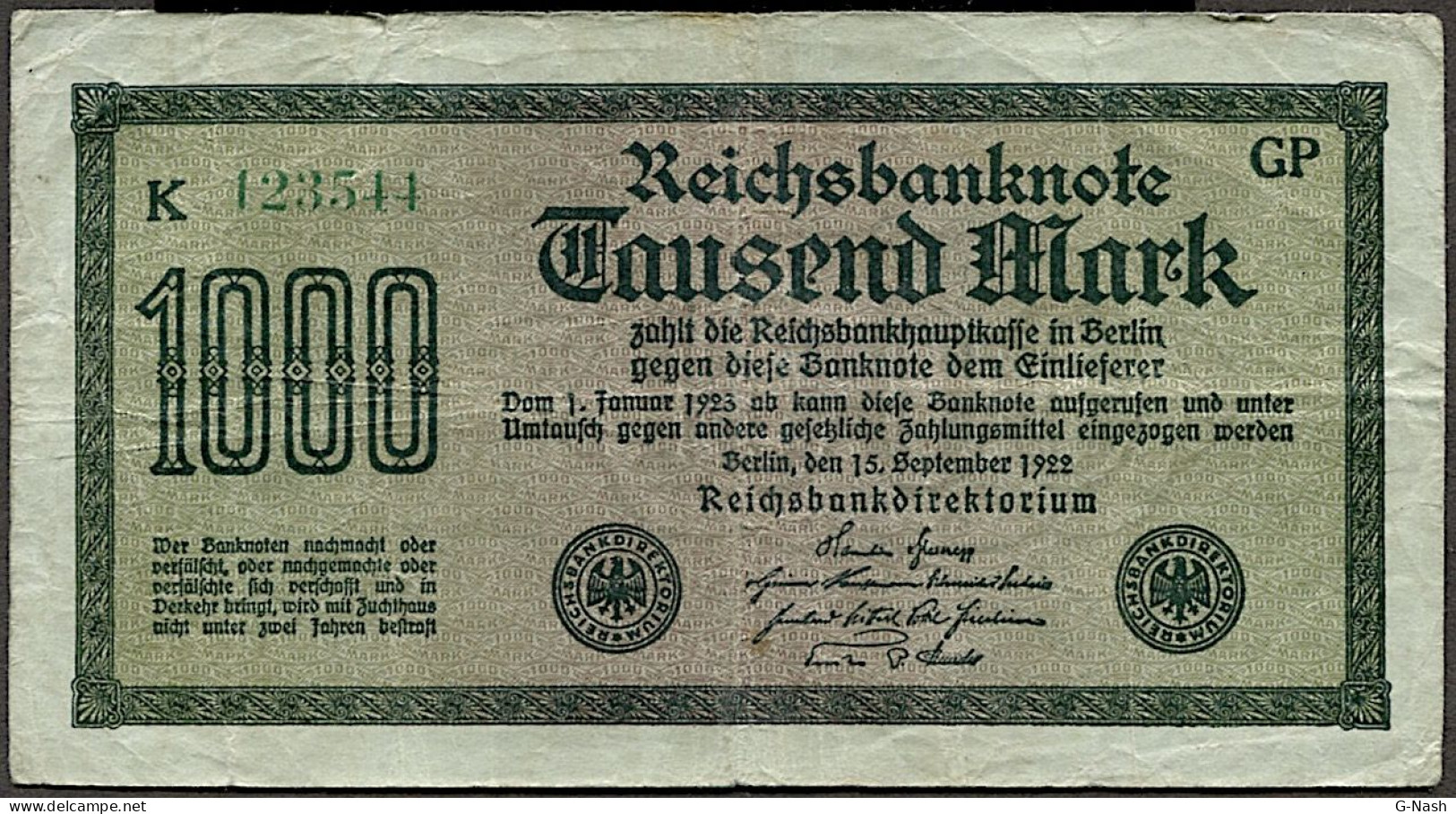 ALLEMAGNE - 1000 Marks (1922) - Billet Usagé - Andere & Zonder Classificatie