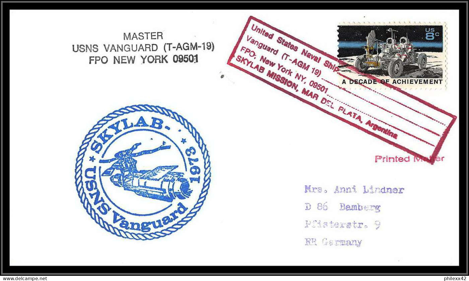 66250 Skylab 3 Nasa Vanguard Tracking Station 1973 Mar Del Plata Argentine Argentina Usa Espace Space Lettre Cover - Zuid-Amerika