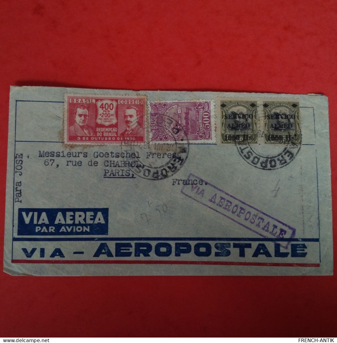 LETTRE BRESIL POUR PARIS VIA AEROPASTALE 1931 SURCHARGE SUR TIMBRE - Covers & Documents