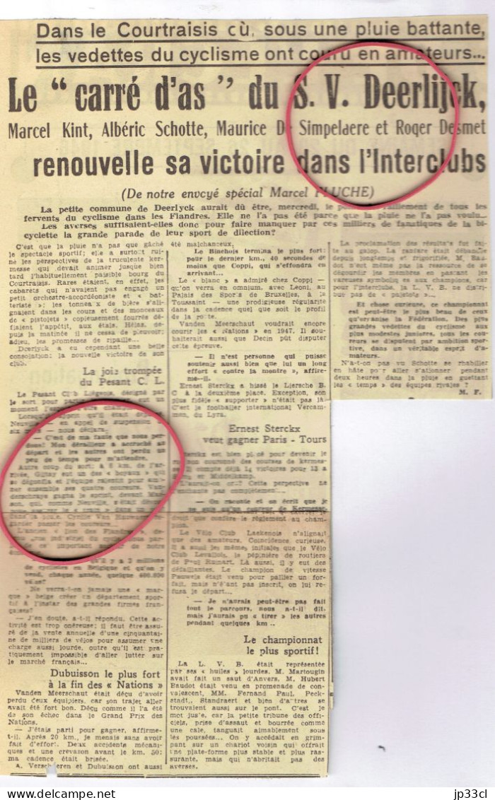 Cyclisme - Interclubs : Le S.V. Deerlijck Avec Kint, Schotte, De Simpelaere Et Desmet Bat Pesant (20/09/1946) - Informaciones Generales