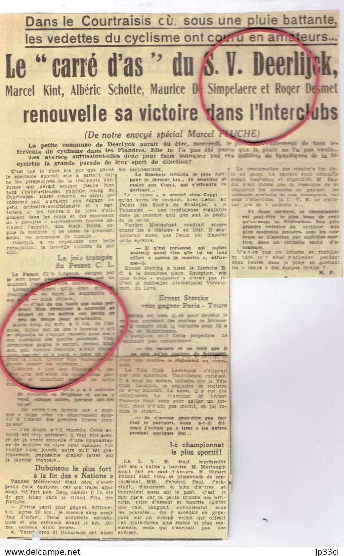Cyclisme - Interclubs : Le S.V. Deerlijck Avec Kint, Schotte, De Simpelaere Et Desmet Bat Pesant (20/09/1946) - Testi Generali