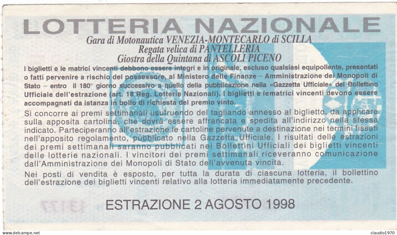 BIGLIETTO DELLA LOTTERIA - NAZIONALE - GARA DI MOTONAUTICA VENEZIA - MONTECARLO - ESTAZIONE 2/8/1998 - Biglietti Della Lotteria