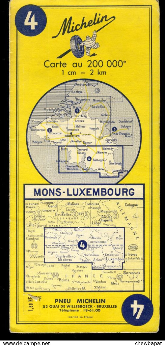 Carte Routière N° 4 Du Pneu Michelin - Mons - Luxembourg - 11 X 25 Cm  - 1958 - Cartes Routières