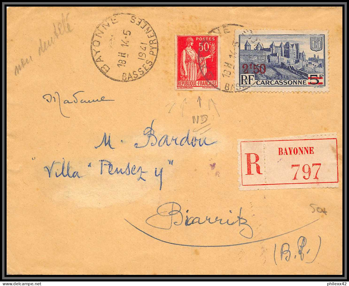 France N°283 Type Paix Non Dentelé (imperf) TTB Sur Lettre Recommandé RRR Bayonne 1941 Pour Biarritz Villa Pensez Y  - 1921-1940