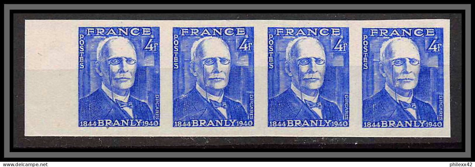 France N°599 Physicien (physic) Edouard Branly Non Dentelé ** MNH (Imperf) Bande De 4 Cote Maury 140 Euros - 1941-1950