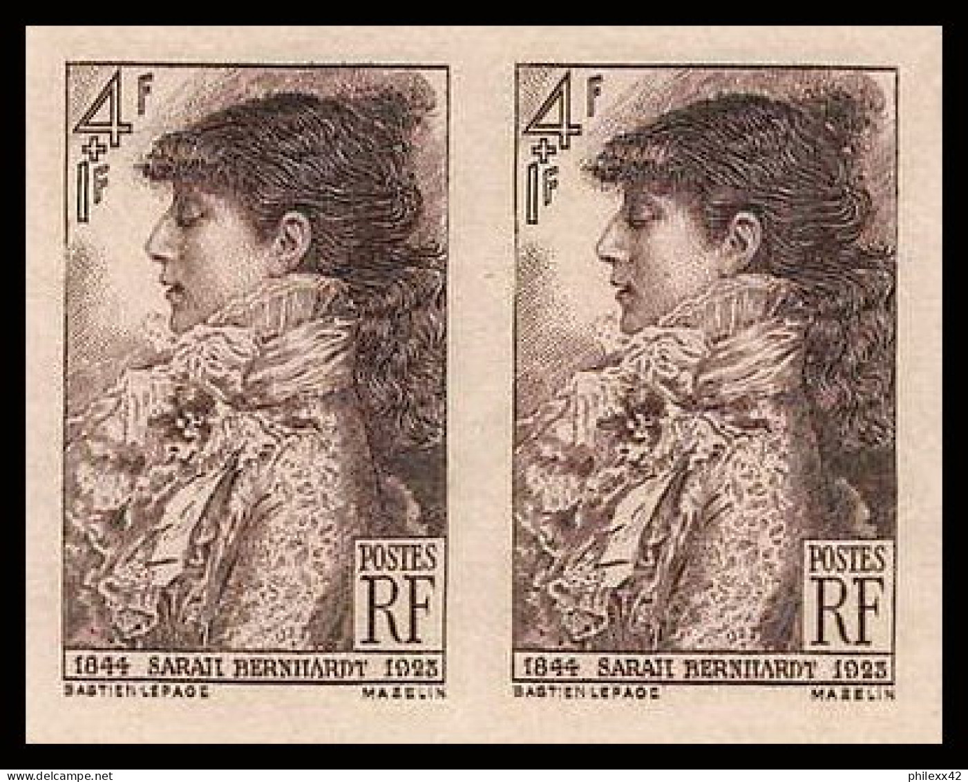 France N°738 Sarah Bernhardt Paire Non Dentelé ** MNH (Imperf) Paire Cote Maury 200 Euros - 1941-1950