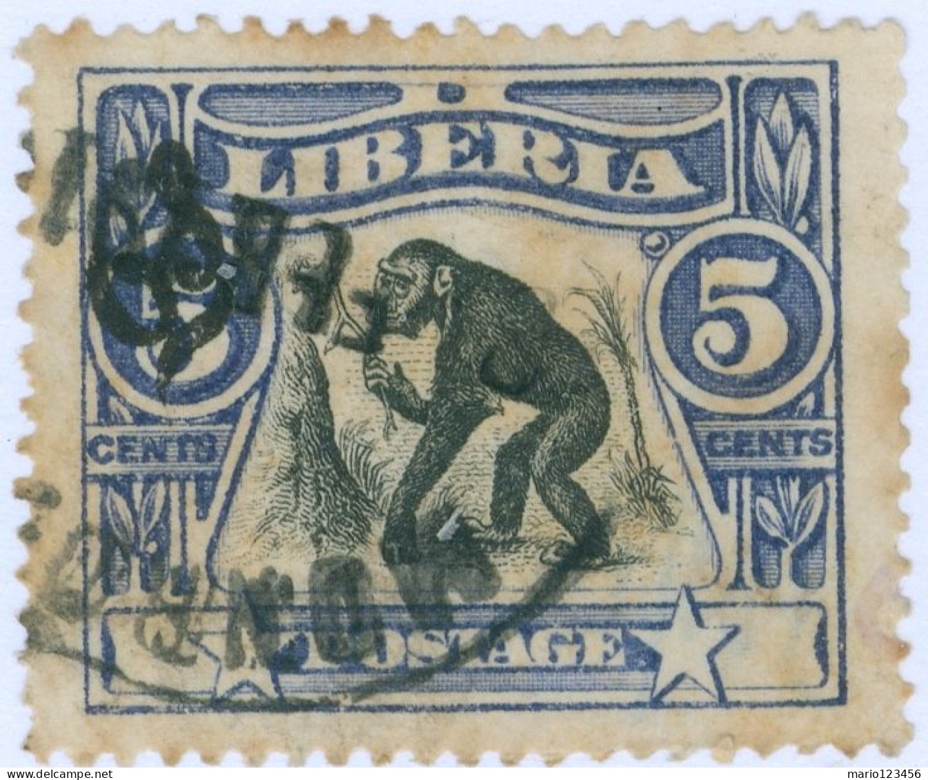 LIBERIA, FAUNA, SCIMMIA,1906, FRANCOBOLLI USATI Scottn:LR O48, Yt:LR S47 - Liberia