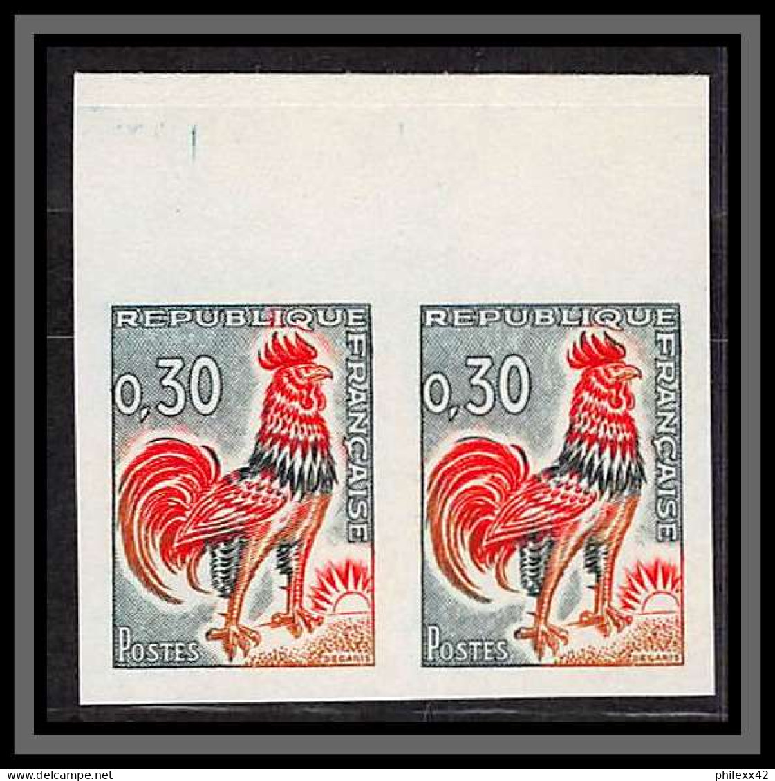 France N°1331a Coq De Decaris Paire Non Dentelé ** MNH (Imperf) Bord De Feuille - 1961-1970