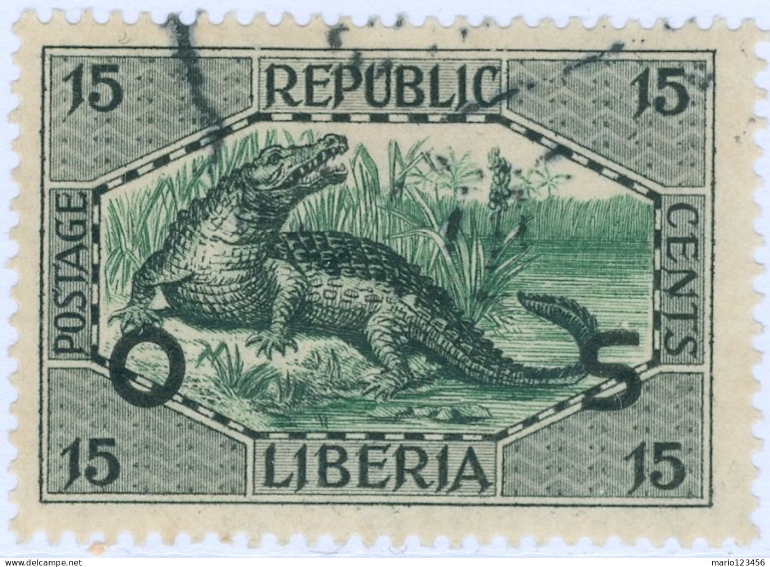 LIBERIA, FAUNA, COCCODRILLO DEL NILO, 1920, FRANCOBOLLI USATI Scott:LR O119, Yt:LR S111, - Liberia