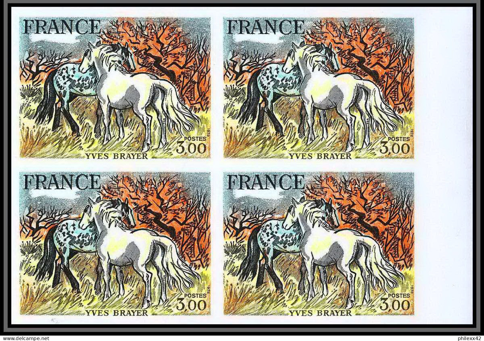 France N°2026 Chevaux De Camargue Brayer Non Dentelé ** MNH Imperf Bloc 4 Tableau Painting Cote 320 - 1971-1980