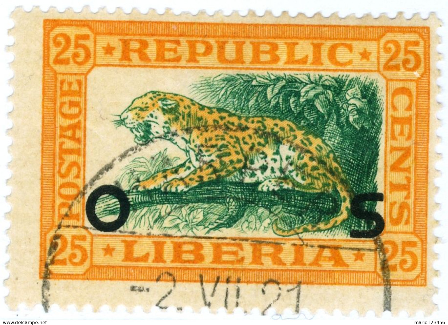 LIBERIA, FAUNA, LEOPARDO, 1920, FRANCOBOLLI USATI Mi:LR D114, Scott:LR O120, Yt:LR S112, - Liberia