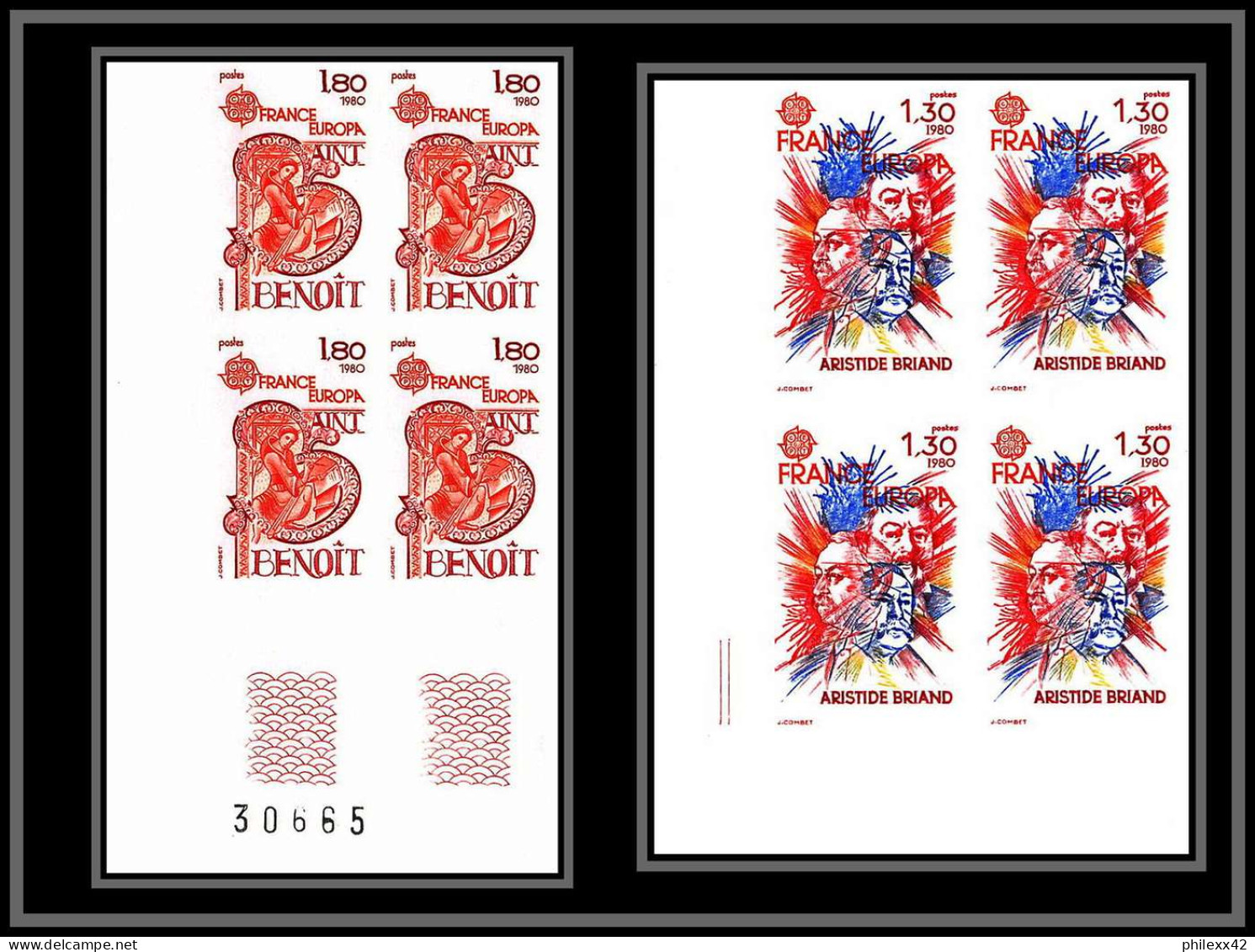 France N°2085/2086 Europa 1980 Aristide Briant St Benoit Non Dentelé ** MNH (Imperf) Bloc De 4 Cote 440 - 1971-1980