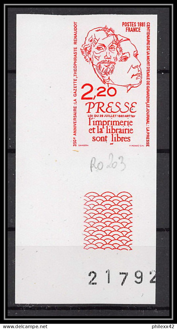 France N°2143 Liberté De La Presse Renaudot 1981 Freedom Media  Coin De Feuille Essai Proof Non Dentelé Imperf ** MNH - Farbtests 1945-…