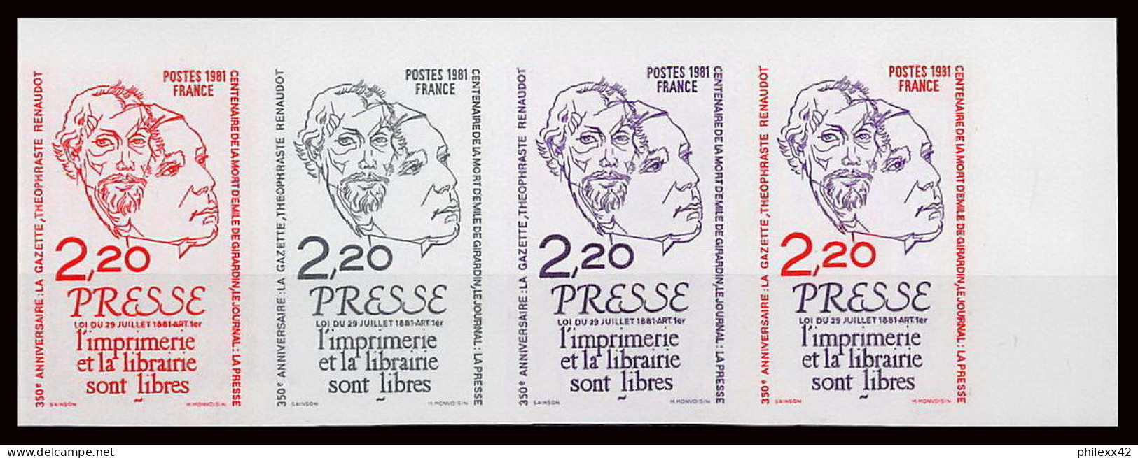 France N°2143 Liberté De La Presse Renaudot Girardin 1981 Freedom Media Bande 4 Strip Essai Proof Non Dentelé Imperf **  - Essais De Couleur 1945-…