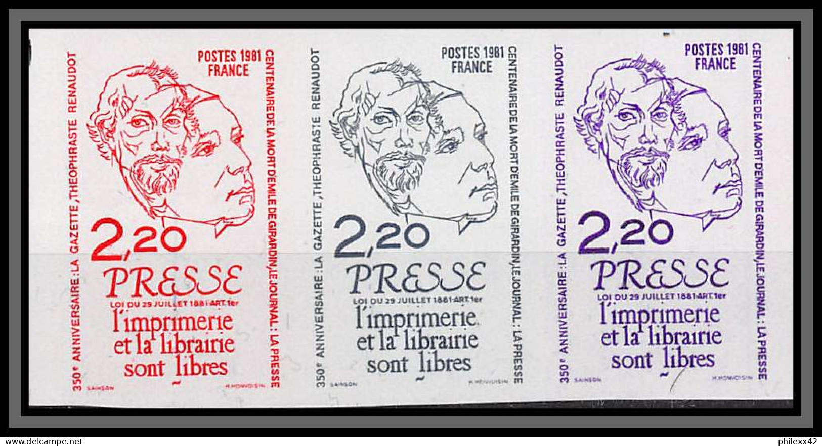 France N°2143 Liberté De La Presse Renaudot Girardin 1981 Freedom Of Media Essai Proof Non Dentelé Imperf ** Mnh Strip 3 - Essais De Couleur 1945-…