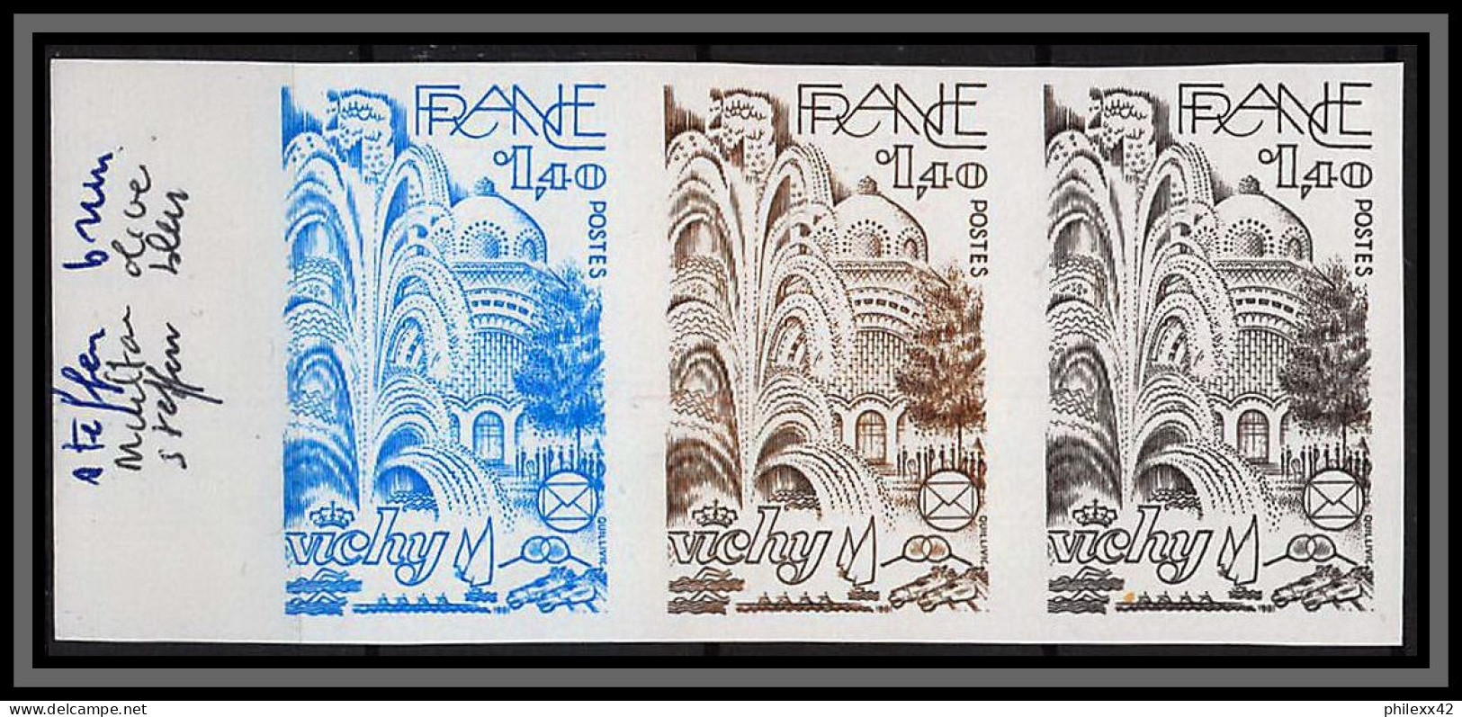 France N°2144 Fédération Des Sociétés Philatéliques Vichy 1981 Bande 3 Strip Essai Proof Non Dentelé Imperf **  - Color Proofs 1945-…